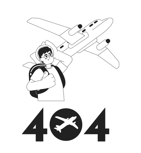 Asian Man Looking Plane Black White Error 404 Flash Message — Stock Vector
