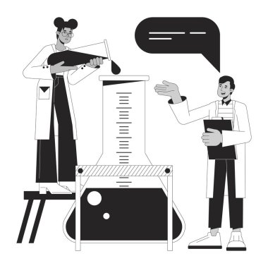 Kimyasal deney bw konsept vektör nokta çizimi. Bilim adamları sıvıları web UI tasarımı için karikatür düz çizgi monokromatik karakterlere karıştırıyorlar. Düzenlenebilir izole edilmiş kahraman görüntüsü