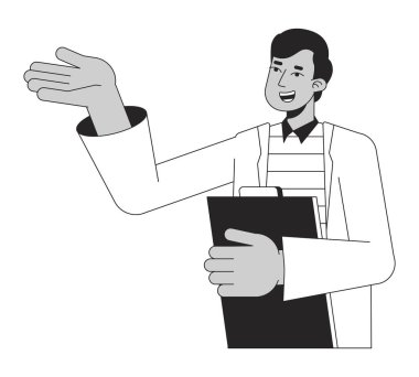 Belgeleri olan bilim adamı bw konsept vektör nokta illüstrasyonuna sahip. Laboratuvar önlüklü Hintli adam web-UI tasarımı için düz çizgi çizgi çizgi tek renkli karakter. Düzenlenebilir izole edilmiş kahraman görüntüsü