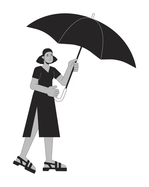 Cute Kobieta Gospodarstwa Otwarte Parasol Płaska Linia Czarny Biały Wektor — Wektor stockowy