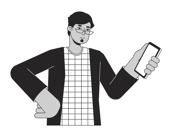 スマートフォンフラットラインブラックホワイトベクターキャラクターを保持しているブルネット男 適切な概要 半身の人 ウェブグラフィックデザインのためのシンプルな漫画の単離スポットイラストをオンライン注文 — ストックベクタ