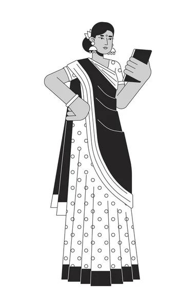 Indiase Vrouw Sari Met Behulp Van Gadget Platte Lijn Zwart — Stockvector