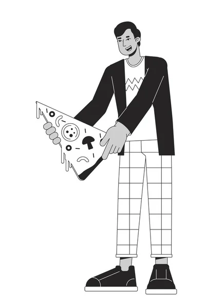 Happy Man Met Pizza Plak Platte Lijn Zwart Witte Vector — Stockvector