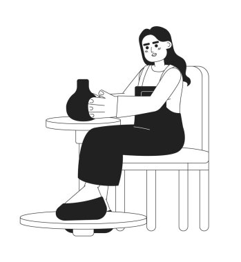 Çömlek hobisi monokromatik düz vektör karakteri. Düzenlenebilir ince çizgi tüm vücut Hintli kız beyaz üzerine kil vazo yapıyor. Web grafik tasarımı için basit bw çizgi film nokta resmi