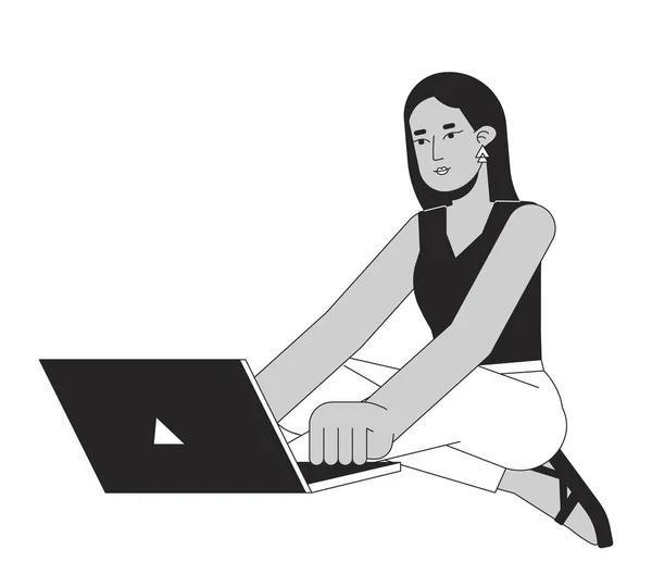 Oriente Médio Jovem Mulher Adulta Com Laptop Linha Plana Caráter — Vetor de Stock