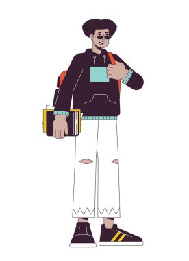 Sırt çantası düz çizgi renk vektör karakterli mutlu Latin Amerikalı öğrenci. Düzenlenebilir ana hatları beyaz üzerine tam vücut çalışanı. Tarz sahibi genç kampüs web grafik tasarımı için basit karikatür nokta çizimi