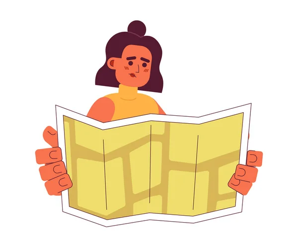 Sad Hispanic Girl Holding Map Semi Flat Color Vector Character — Stock Vector