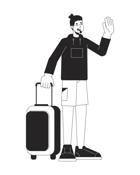 Goodbye Waving Man Holding Suitcase Flat Line Black White Vector — Stock Vector
