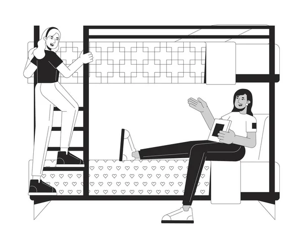 二段ベッドのフラットラインの女性ルームメイト 黒の白いベクターの文字 編集可能な完全なボディの人々を概説する 大学の宿泊施設の学生 ウェブデザインのためのシンプルな漫画単離スポットイラスト — ストックベクタ