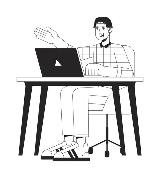 University Student Sitting Table Flat Line Black White Vector Character — Stock Vector