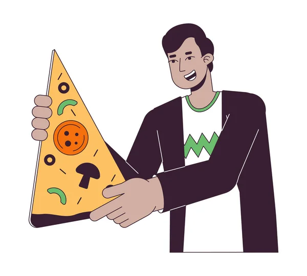 Optimistischer Indischer Mann Mit Großem Pizzascheiben Flachlinien Farbvektorcharakter Editierbare Umrisse — Stockvektor