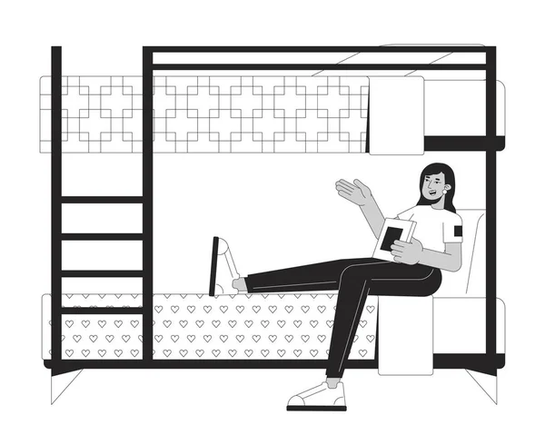二段ベッドの平らな線の黒い白いベクターの文字に座っている本を持つインドの女性 適切な概要 完全なボディ人 寮の学生少女 単純な漫画の単離されたスポットのイラスト ウェブデザインのための — ストックベクタ