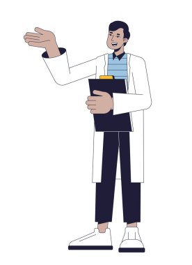 Belge düz çizgi renk vektör karakterli Hintli erkek bilim adamı. Tartışma. Düzenlenebilir ana hatları beyaz üzerine tam vücut çalışanı. Web grafik tasarımı için basit karikatür nokta çizimi