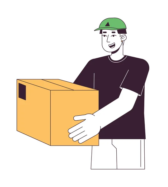 Happy Courier Holding Package Flat Line Color Vector Character Express — Stock Vector