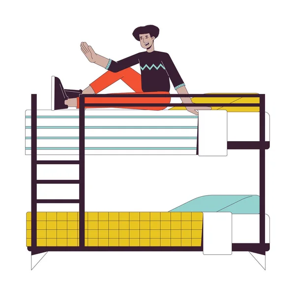 Latino Man Sitting Bunk Bed Flat Line Color Vector Character — Stock Vector