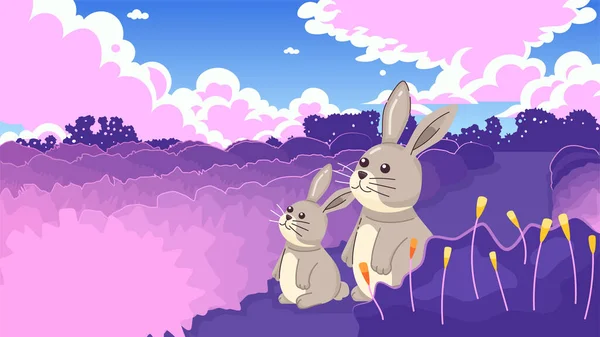 Kawaii Conigli Carino Chill Carta Parati Coniglietti Seduti Sull Erba — Vettoriale Stock