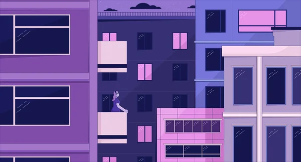 老城区的美学墙纸 在城市的夜晚 摩天大楼 城市建筑 阳台上的女性2D矢量漫画外景插图 紫色洛菲背景 90年代复古专辑艺术 冷冰冰的氛围 — 图库矢量图片