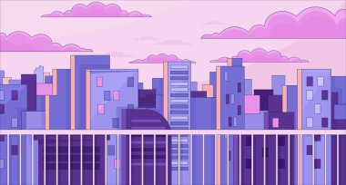 Observation desk chill lo fi background. Open terrace. Looking on view. Buildings 2D vector cartoon cityscape illustration, purple lofi wallpaper desktop. Sunset aesthetic 90s retro art, dreamy vibes clipart