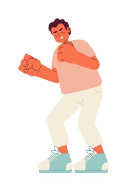 Heyecanlı adamın yumruklarını sıkması yarı düz renk vektör karakteri. Olumlu duygular. Beyazın üzerinde tüm vücudu düzenleyebilen insan. Web grafik tasarımı için basit karikatür nokta çizimi