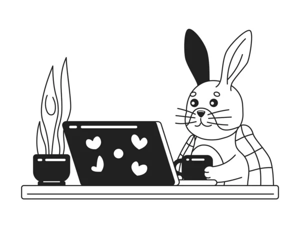 Ковдра Покрита Кроликом Біля Ноутбука Чорно Білий Милий Охолоджувач Шпалер — стоковий вектор