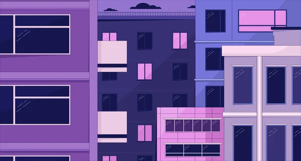 古い町の夜は バックグラウンドを冷やします 住宅の建物 ベクトル漫画の街路図のイラスト 紫色の Lofi の壁紙のデスクトップ サンセット美学90年代のレトロアート 夢のようなバイブ — ストックベクタ