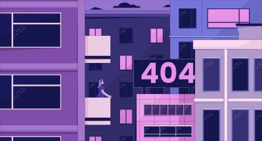 Şehir hatası 404 flaş mesajına bakıyorum. Gözlem masası. Web sitesi iniş sayfası ui tasarımı. Çizgi film görüntüsü değil, rüya gibi titreşimler. 90 'ların geçmişe dönük vektör düz illüstrasyon kavramı