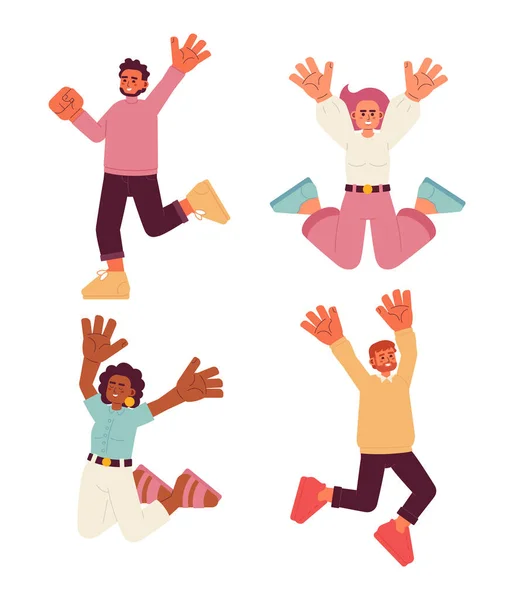 Happy People Jumping Semi Flat Color Vector Characters Set Multinational — Stock Vector