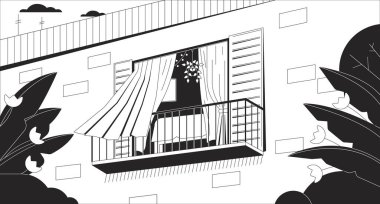 Perdeler açık pencereden rüzgarla esiyor. Siyah beyaz soğuk arka plan. Balkon taslağı 2D vektör dış çizim, tek renkli lofi duvar kağıdı masaüstü. 90 'ların retro sanatı