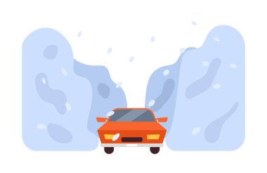 Kar fırtınası düz konsept vektör nokta çizimi. Ağır kar fırtınası 2D karikatür sahnesinden kaçan araba beyaz üzerine web UI tasarımı için. Doğa felaketi. Düzenlenebilir yaratıcı görüntü.