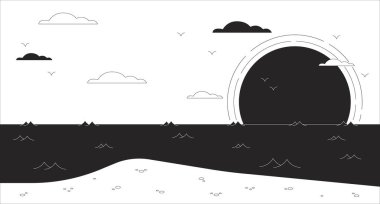 Denizde gün batımı, siyah beyaz, soğuk, lo fi arkaplan. Bay. Cennet. Ada hatları 2D vektör manzara çizimi, monokromatik lofi duvar kağıdı masaüstü. 90 'ların retro sanatı