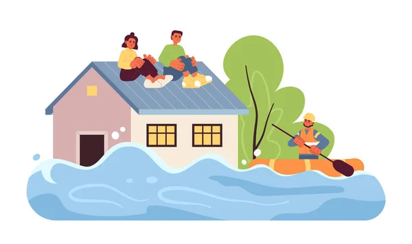 Inondazione Concetto Piatto Vettoriale Spot Illustrazione Persone Sedute Sul Tetto — Vettoriale Stock