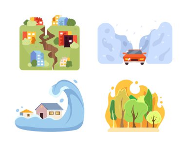 Doğal afetler düz konsept vektör çizimleri ayarlandı. Deprem, tsunami, orman yangını ve kar fırtınası web-UI tasarımı için beyaz üzerine 2D karikatür sahneleri. İzole edilmiş düzenlenebilir yaratıcı resimler koleksiyonu