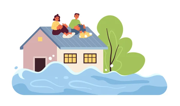 洪水の家屋のフラットコンセプトベクタースポットのイラストに怖い人々 深い水か Web Uiデザイン用の2Dキャラクターのレスキュー操作 編集可能なクリエイティブヒーロー画像 — ストックベクタ