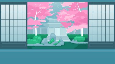 Japon odasının içi sevimli kawaii lo fi arka planı. Sakura bahçesi 2D vektör iç çizim, lofi estetik duvar kağıdı masaüstü. Japon animasyon manzarası, rüya gibi titreşimler.