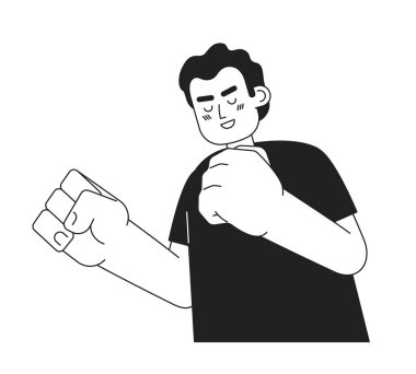 Heyecanlı neşeli adam tek renkli düz vektör karakteri. Mutlu Latin Amerikalı çocuk. Düzenlenebilir ince çizgi, yarı insan yarı beyaz. Web grafik tasarımı için basit bw çizgi film nokta resmi