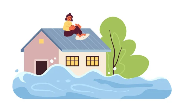 屋根の平らなコンセプトのベクトルスポットのイラストに座っている女性 洪水した家 自然災害について Web Uiデザインのための白の怖い女性2D漫画のキャラクター 編集可能なクリエイティブヒーロー画像 — ストックベクタ