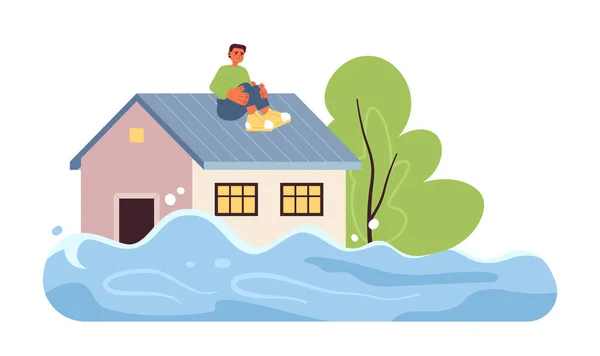 家の屋根フラットコンセプトベクタースポットイラストの怖い男 洪水した家 水からの救出 Web Uiデザインのための白の2D漫画キャラクターを待っている男 編集可能なクリエイティブヒーロー画像 — ストックベクタ