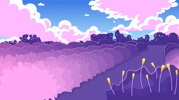 フィールド内のサンセットかわいいかわいいかわいいラフィックバック ふわふわした雲 公園2Dベクター漫画風景イラスト ラフィック美的な壁紙デスクトップ 日本のアニメ風景 夢のようなバイブ — ストックベクタ