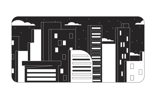 都市の住宅建物 黒と白のチルロイの背景 スカイクレイパー 星のナイトリニア2Dベクター漫画の市民図のイラスト 単色のRofiの壁紙のデスクトップ 90年代のレトロアート — ストックベクタ