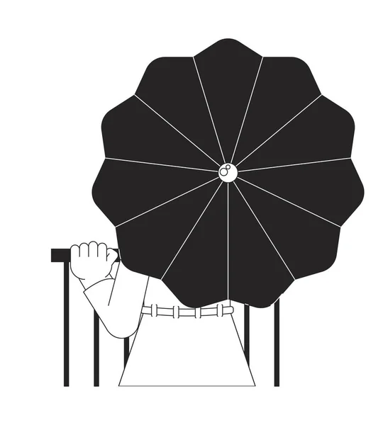 Woman Umbrella Flat Line Black White Vector Character Covering Rain — Stock Vector