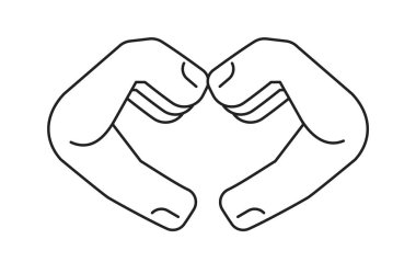 Kalp işareti monokrom düz vektör el. Elin kalp şeklini gösteriyor. El hareketi. Düzenlenebilir siyah beyaz çizgi simgesi. Web grafik tasarımı için basit bir karikatür klibi resim çizimi