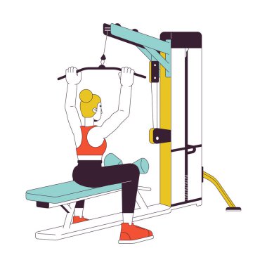 Lat Pulldown Machine 'in düz çizgi renk vektör karakterini kavrayan kadın. Düzenlenebilir ana hatları beyaz üzerine tam vücut çalışanı. Artan sırt kasları web grafik tasarımı için basit karikatür nokta çizimi