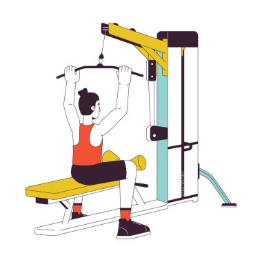 Lat Pulldown Machine 'deki çubuğu tutan adam düz çizgi renk vektörü karakteri. Düzenlenebilir ana hatları beyaz üzerine tam vücut çalışanı. Spor aletleri web grafik tasarımı için basit karikatür nokta illüstrasyonu çalıştırılıyor