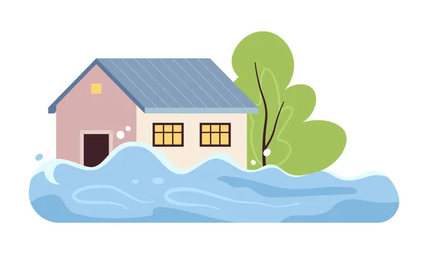 浸水した家の半平らな色のベクトル オブジェクト 自然災害について 洪水について ホワイトバックグラウンドで編集された漫画クリップアートアイコン Webグラフィックデザインのためのシンプルなスポットイラスト — ストックベクタ