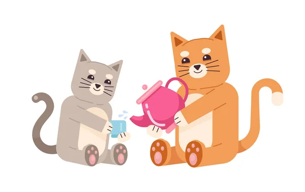 Glückliche Kätzchen Sitzen Halb Flache Farbvektorzeichen Teezeremonie Teekanne Und Tasse — Stockvektor