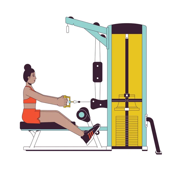 女性在坐排机上的起步位置为平行线色矢量字符 可编辑的全身上下白种人轮廓 用于网页图形设计的上臂肌肉简单卡通图 — 图库矢量图片