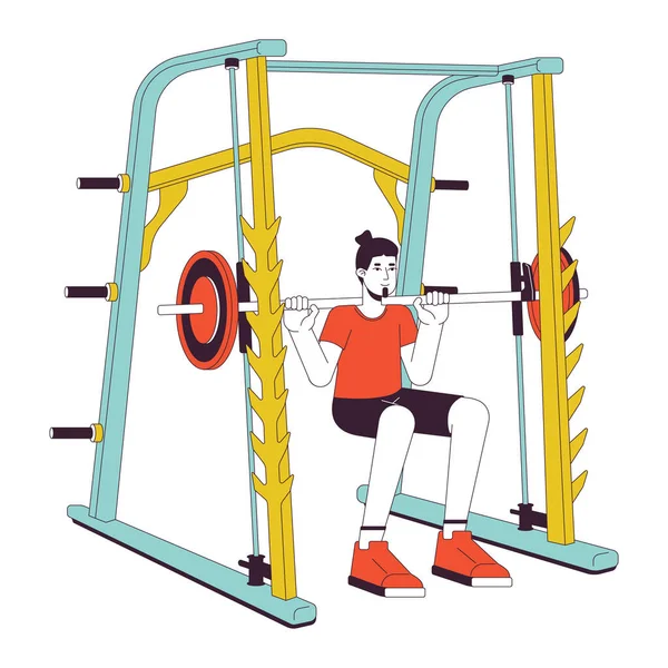 Man Doing Squats Power Rack Flat Line Color Vector Character — Stock Vector