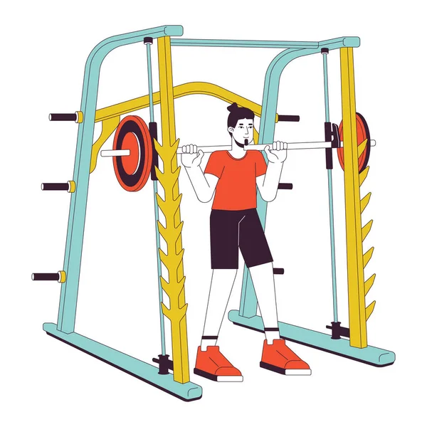 Man Holding Barbell Smith Machine Flat Line Color Vector Character — Stock Vector