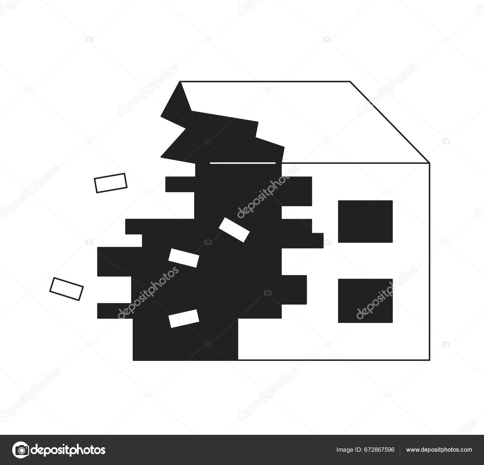破碎的建筑单色平面矢量对象自然灾害后的破坏可编辑的黑白细线图标用于网页平面设计的简单卡通剪贴画图库矢量图©IMG visuals characters, image size:1600x1540