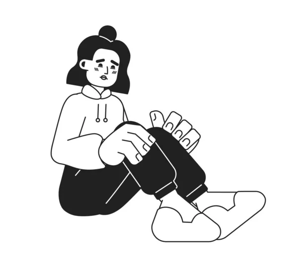単色フラットベクターのキャラクターに座っている不幸な女性 失望したラテン系の少女 白の編まれた薄いライン完全なボディ人 Webグラフィックデザインのためのシンプルな漫画スポット画像 — ストックベクタ